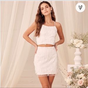 Lulu’s Dancing in a Dream White Fringe Lace Up Two-Piece Mini Dress - XS